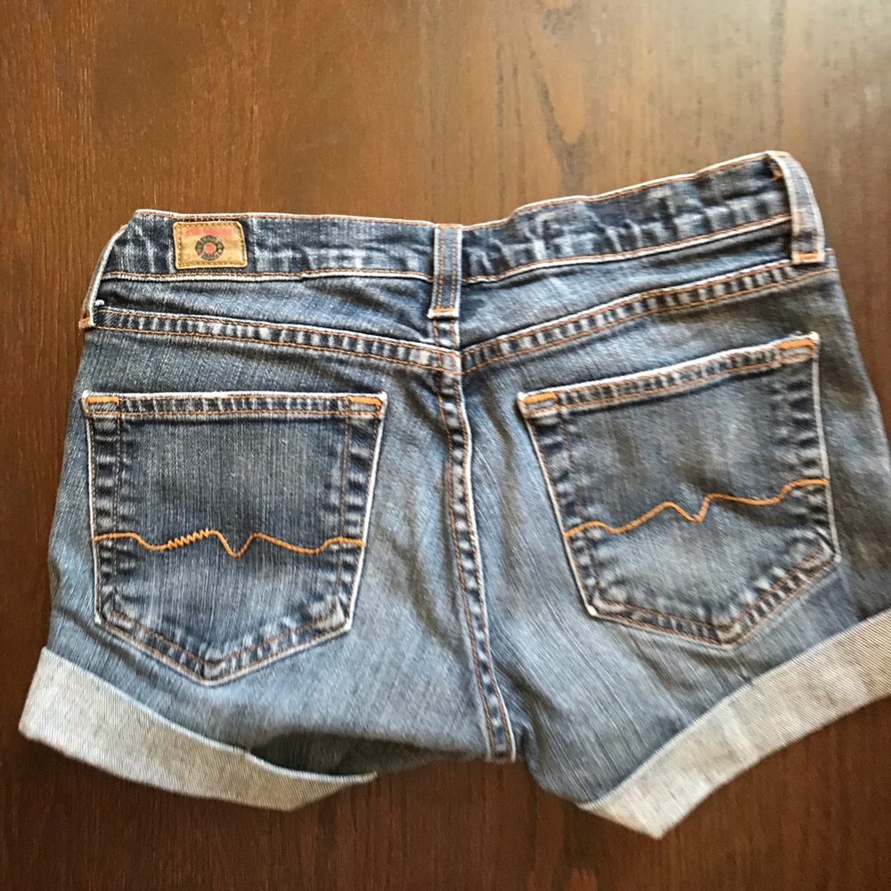 Red engine denim shorts